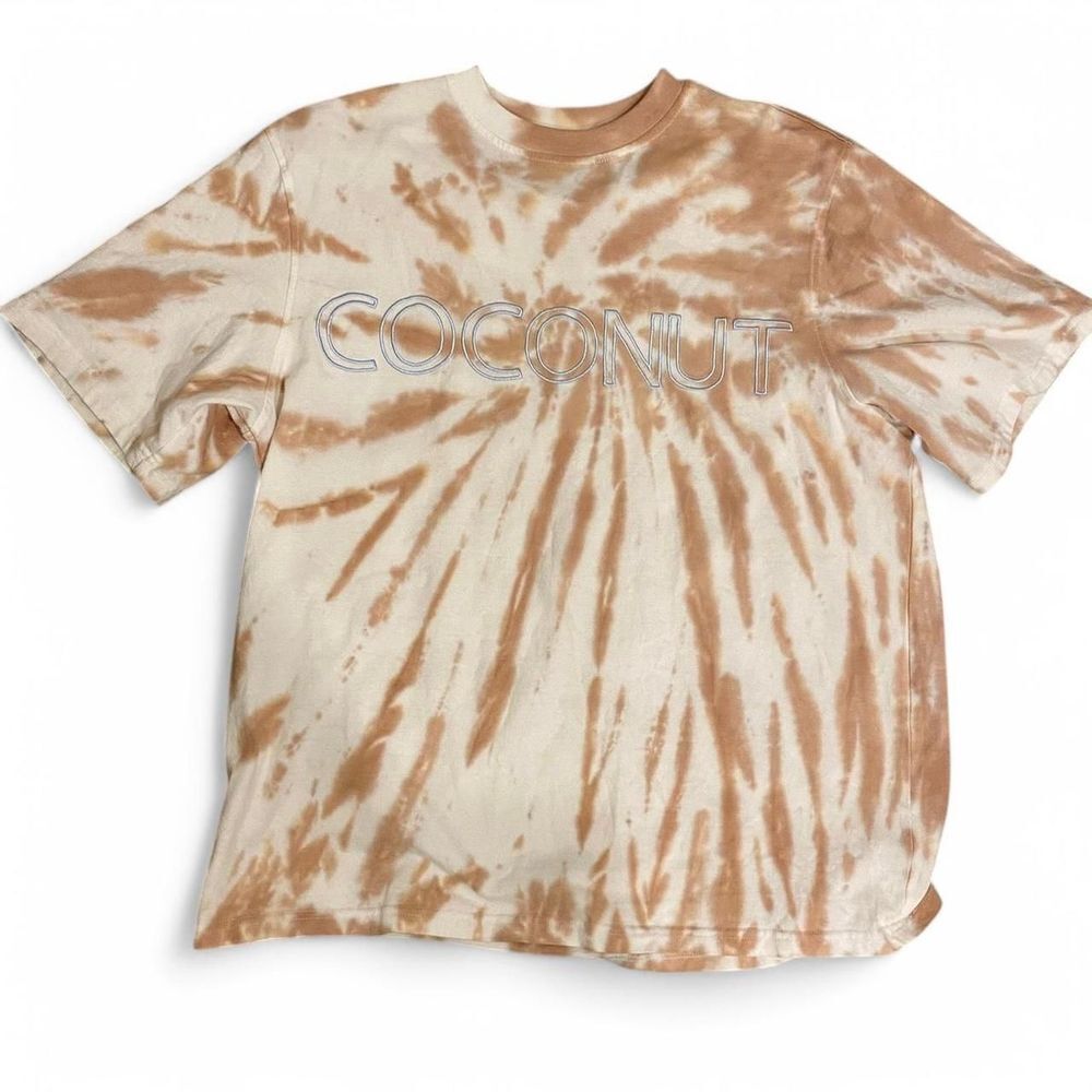 Post Surf Tan and white tie-dye t-shirt with "Coconut" graphic